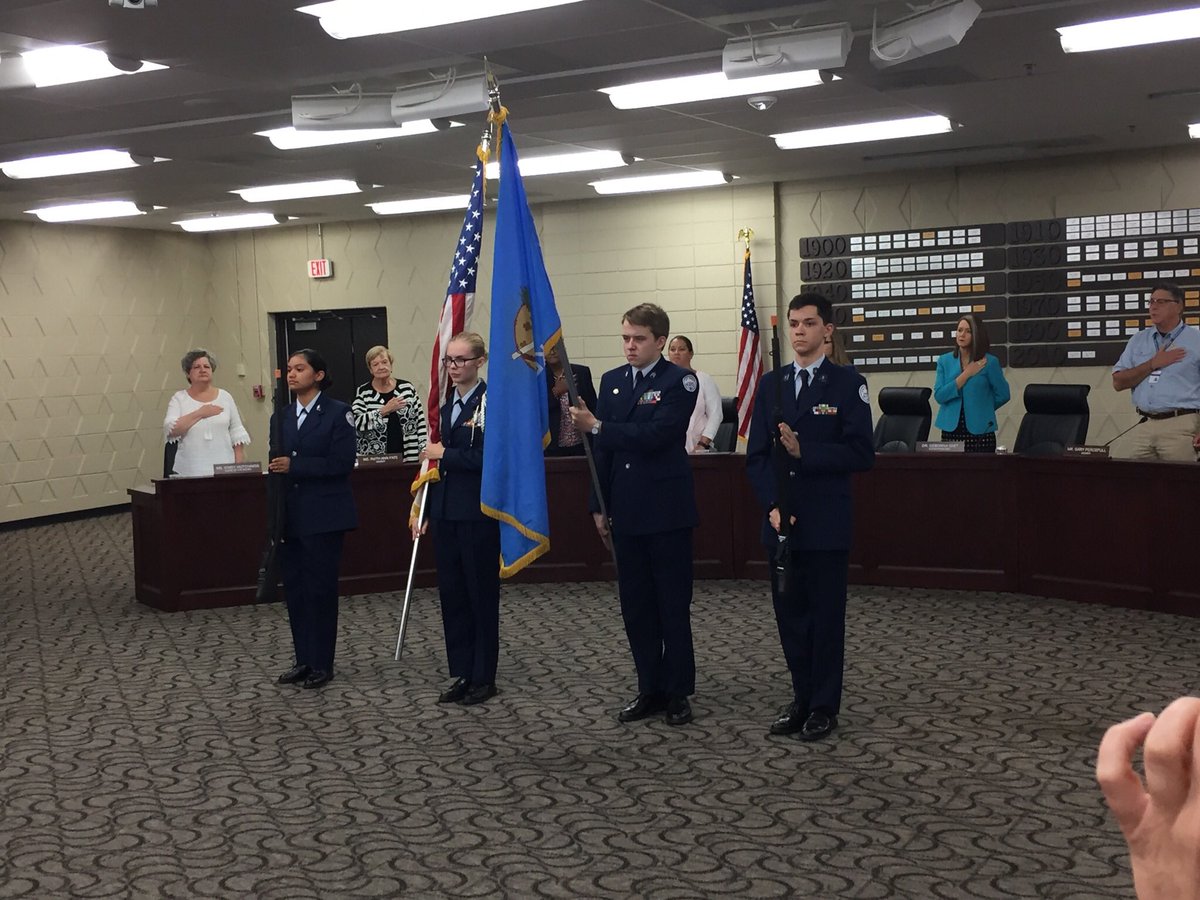 BTW JROTC leading the flag salute at the TPS Board meeting. Great job Hornets!🇺🇸#SuccessTPS