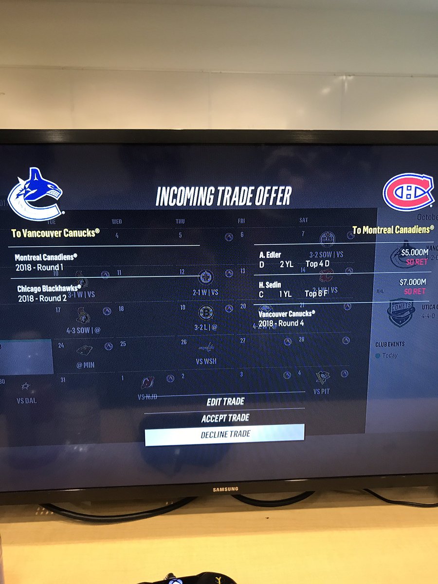 xTechHockey's tweet photo. All of this was within 3 months. Similar trades just from putting the twins and Edler on the block https://t.co/OpFVbiEP5T