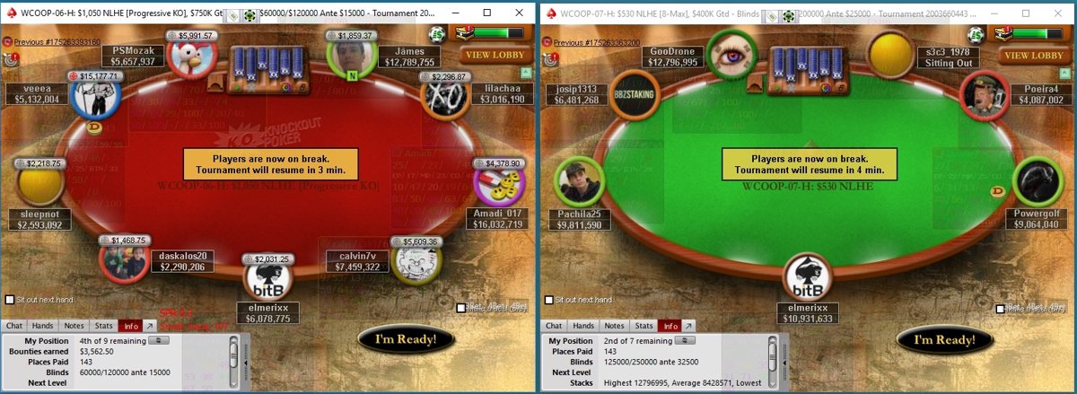 bitBstaking's tweet photo. Make that TWO final tables for #elmerixx!
Sitting 4/9 in $1050 PSKO #WCOOP-06-H and 2/7 in $530 #WCOOP-07-H
#crushtheswedes #bitBbet https://t.co/BPjLxy8tp1