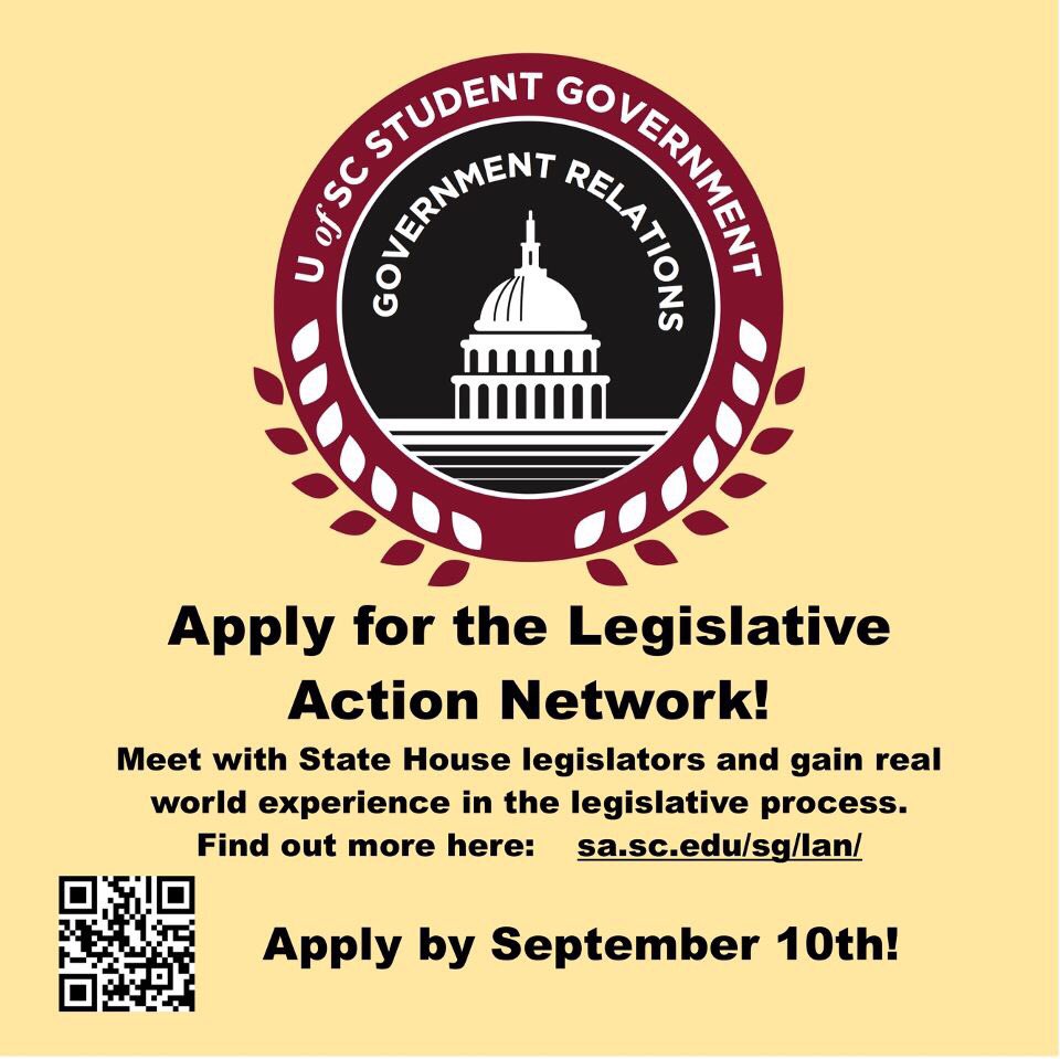UofSCSG's tweet photo. 🇺🇸Got a passion for politics? 
📈Have ideas on how to make our state better?
💡Apply to CAB &amp; LAN! 
📍https://t.co/Fec6MCdjXB https://t.co/6Qz0ZgLXCd