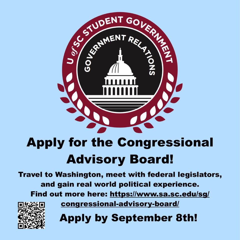 UofSCSG's tweet photo. 🇺🇸Got a passion for politics? 
📈Have ideas on how to make our state better?
💡Apply to CAB &amp; LAN! 
📍https://t.co/Fec6MCdjXB https://t.co/6Qz0ZgLXCd