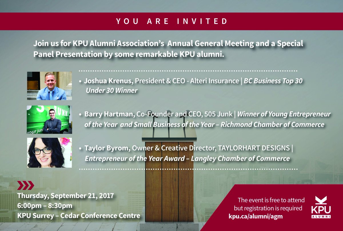 kpualumni's tweet photo. Special Panel Presentation &amp; KPUAA's AGM on Sept. 21. Register today to attend https://t.co/ld9mQgPhNJ https://t.co/P5z1to9wWv