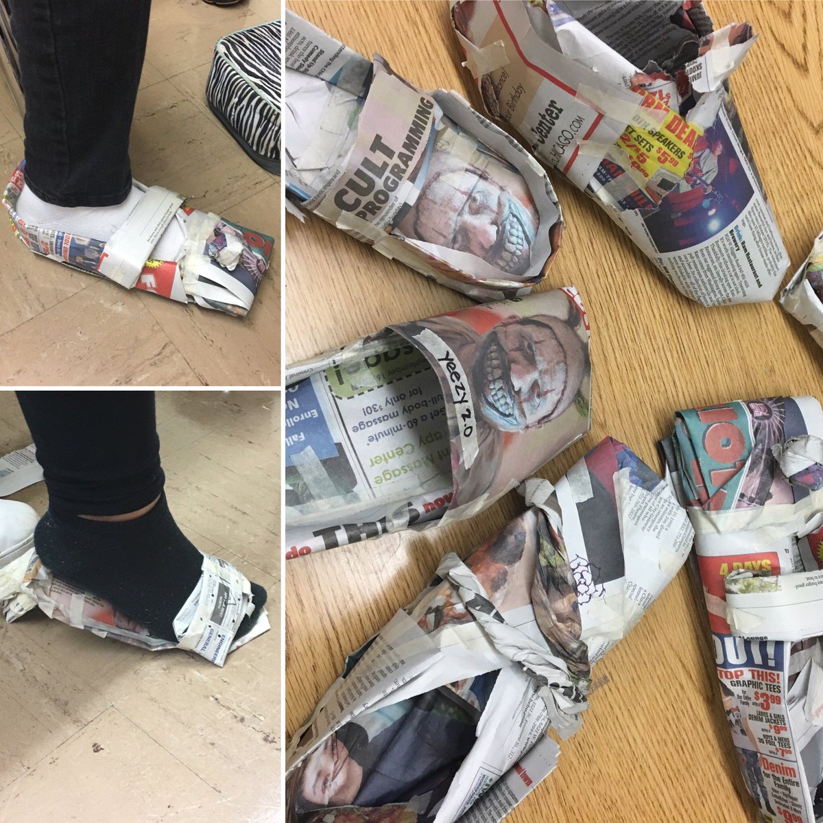 NewberrySteam's tweet photo. Middle school designed and created some interesting newspaper shoes today! #designchallenge #steamlab #somanyslides https://t.co/FZfrAaXbMX