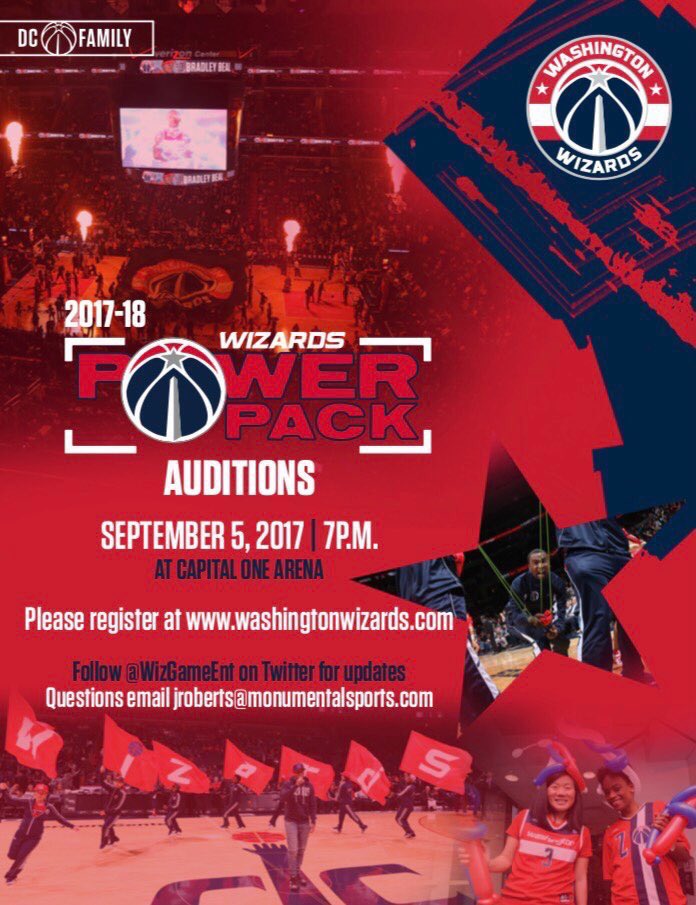 jacquezvargas's tweet photo. Tonight is the night! Come out to the Power Pack auditions for the 2017-2018 @WashWizards season. #DCFamily https://t.co/N1iHFxch8y
