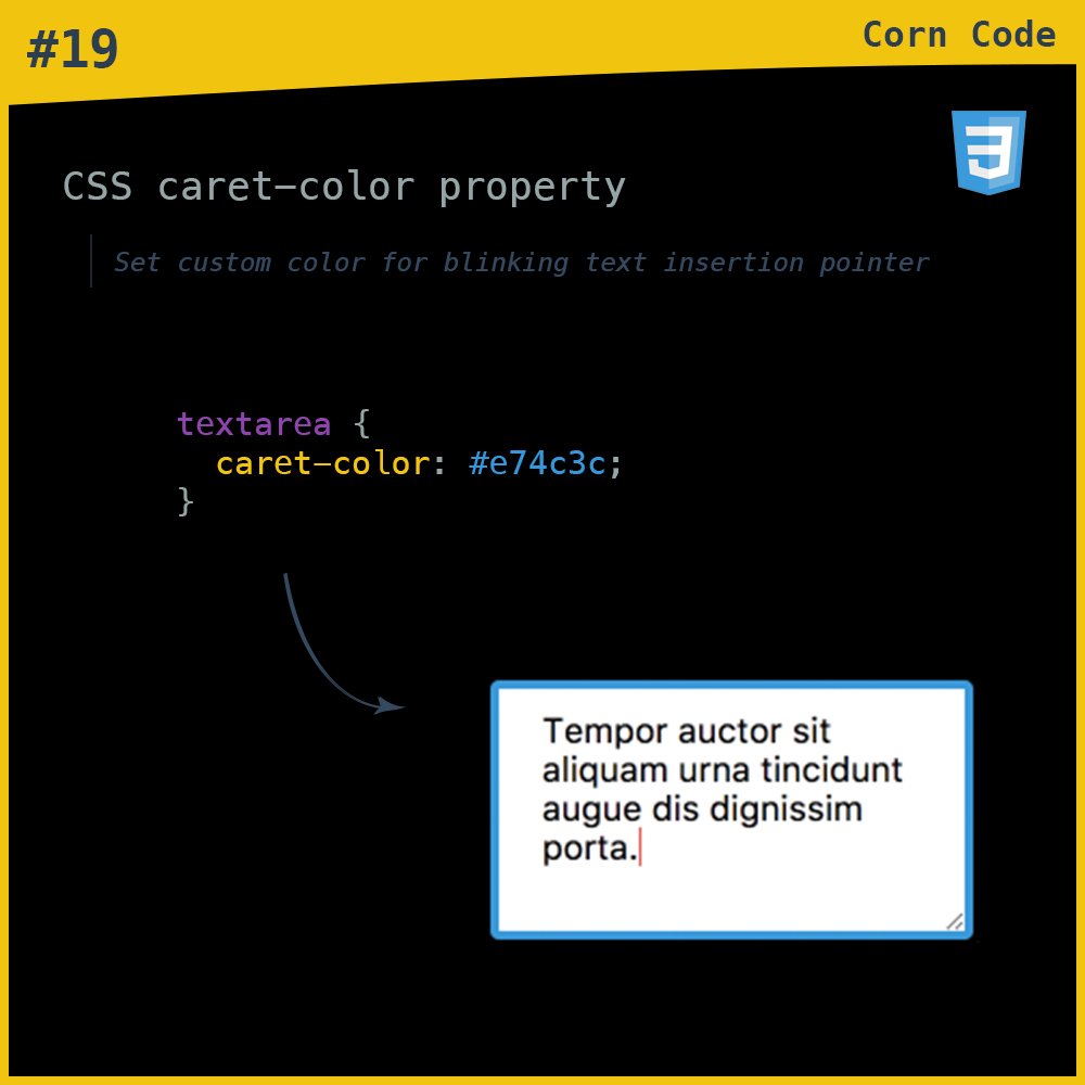 corn_code's tweet photo. #19. CSS: caret-color !
Example: https://t.co/5Kwiv3IC4S
#corn #corncode #html #css #js #web
@mfluehr @igalia https://t.co/No7NDIYapv