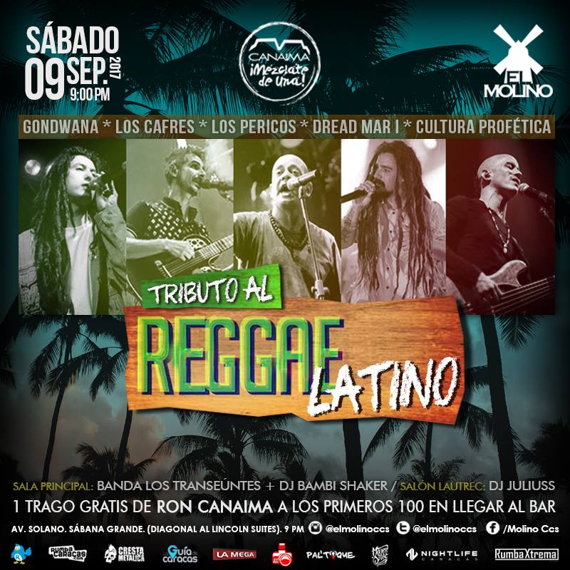 #ParaTi Tributo al #ReggaeLatino por los @transeuntesOf Mañana #Sab9Sep en <a href="/ElMolinoCcs/">El Molino Ccs</a> + info Flyer