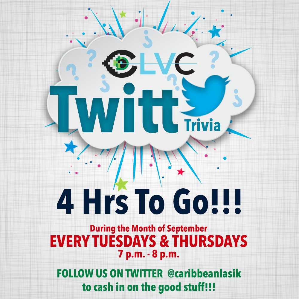 CaribbeanLasik's tweet photo. 4 hours to go people!!!! #triviatrivia #freecredit #clvc #funtrivia #brainteaser https://t.co/fjweMN7Z6m