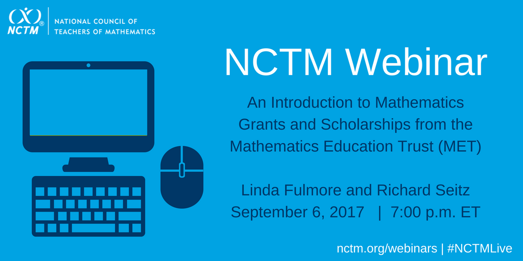 NCTM's tweet photo. Join us for our NCTM Webinar tomorrow on what the Mathematics Education Trust can do for you: https://t.co/6mgzG0bEqv https://t.co/a2LVAqqmfH