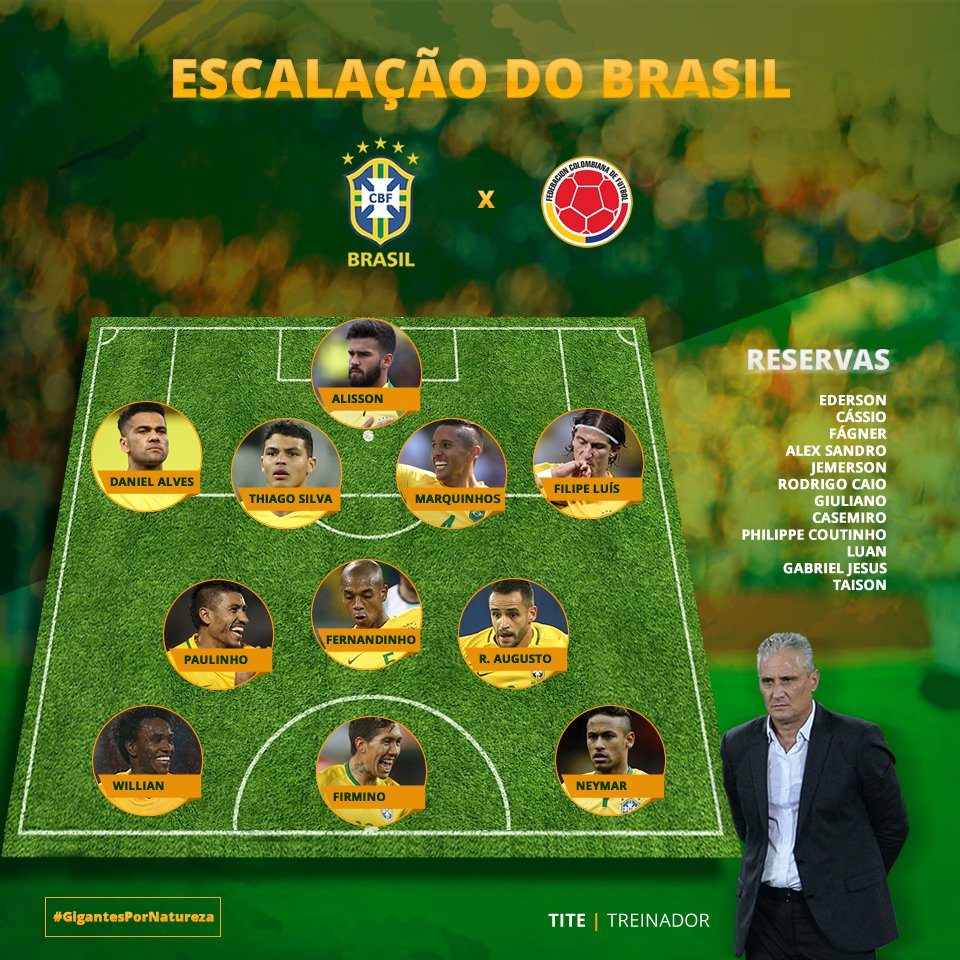 Se liga na escalação da #SeleçãoBrasileira para o jogo de daqui a pouco! #GigantesPorNatureza

🇨🇴❌🇧🇷 - 17h30
