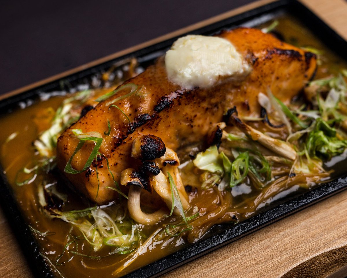 AzabuMiami's tweet photo. Prepared on a sizzling grilled plate with miso and butter- our Salmon no chanchan yaki is irresistibly mouthwatering. #AzabuMiami https://t.co/egnhTMkgXh