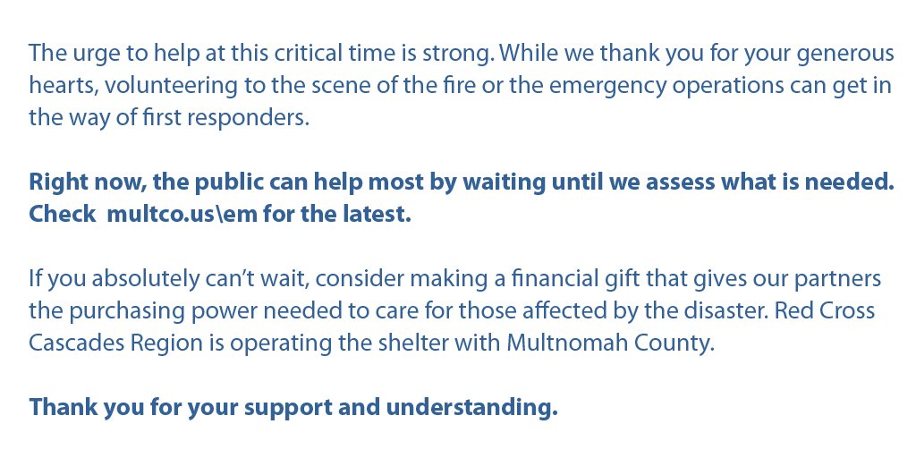 The public can help most by waiting until we assess what is needed. Thank you for your understanding #EagleCreekFire bit.ly/2vJ8dl1
