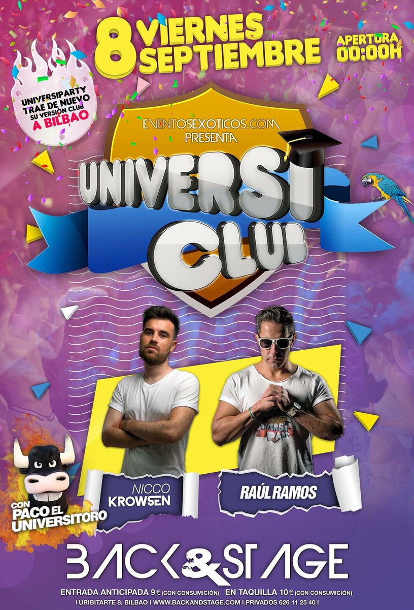 UniversiClub's tweet photo. Este Viernes 8 volvemos con toda la locura de #UniversiParty en "versión club" a @BackandStage_gr la sala más brutal de #Bilbao 🤘🏼😜 https://t.co/86ElWN0wP6