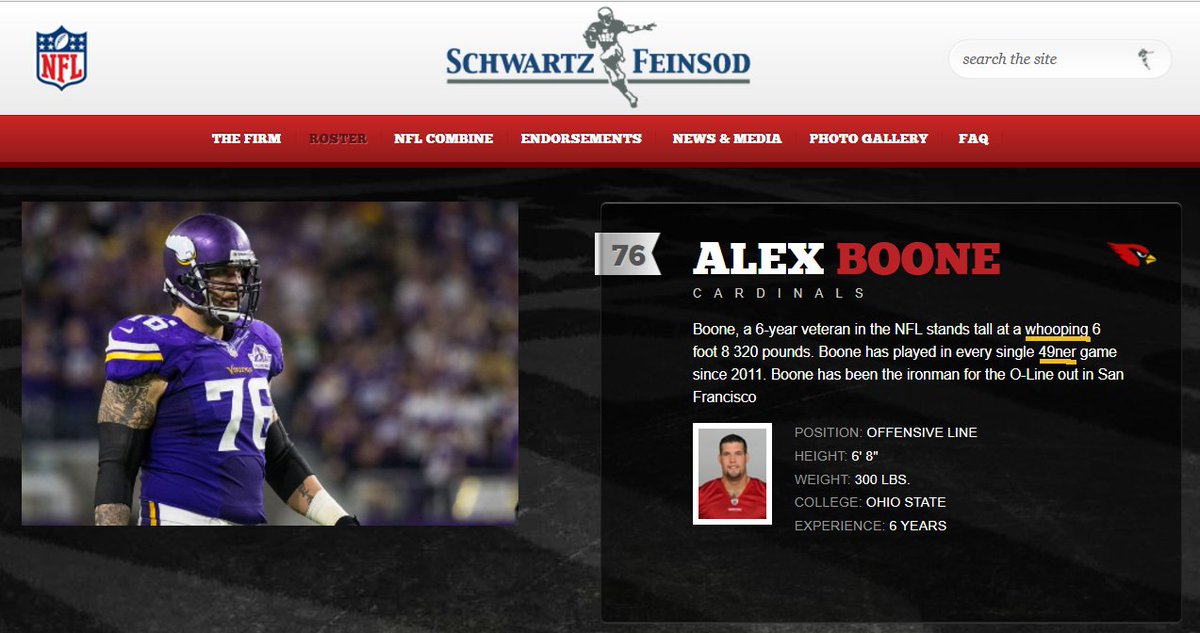 eric_j_thompson's tweet photo. Can we talk about how Alex Boone's agency could use a little proofreading in his bio? #whooping #49ner https://t.co/LknGR6BMj6
