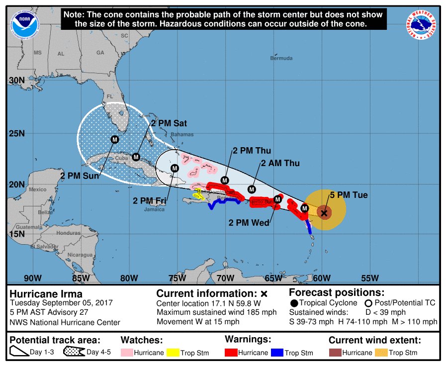 Track_Irma's tweet photo. 5pm Projected track by the NHC for #HurricaneIrma cone now extends to Tampa, Florida. https://t.co/3dR8ckH4ga
