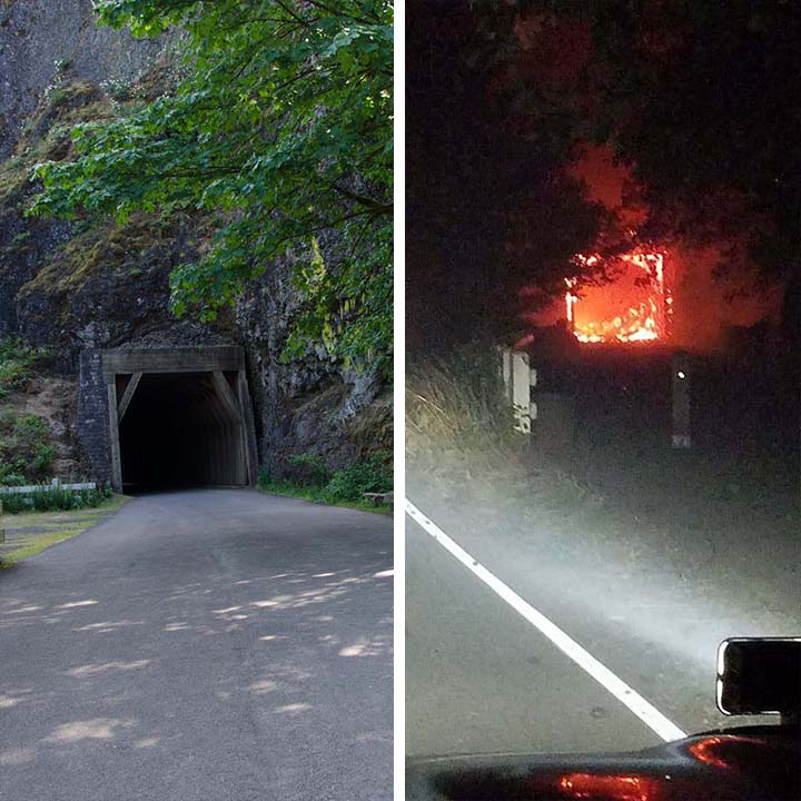 KATUNews's tweet photo. Heartbreaking: Oneonta Tunnel was engulfed in flames from the #EagleCreekFire last night (Before pic: Forest Service, after pic: Doug Gross) https://t.co/bCeWR3UcP6