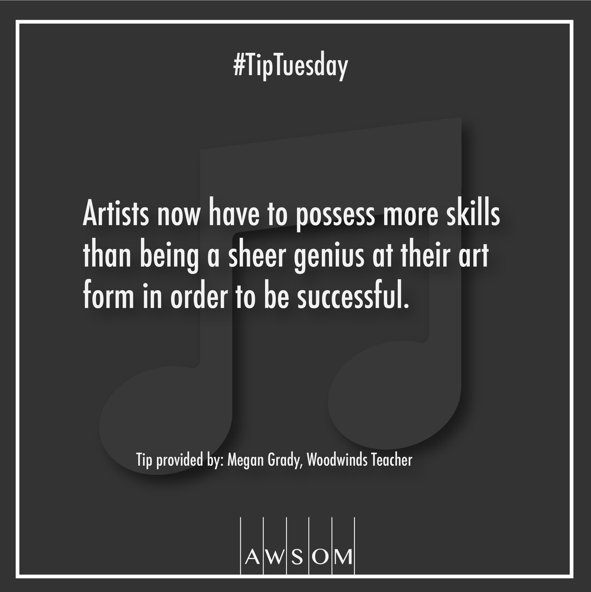 AWSOMWA's tweet photo. Want to be a successful musician? It takes more than talent https://t.co/pGRApxvtO1 
#iamawsom #TipTuesday #musiclessons #musictips #blog https://t.co/koKrWTuP8Q