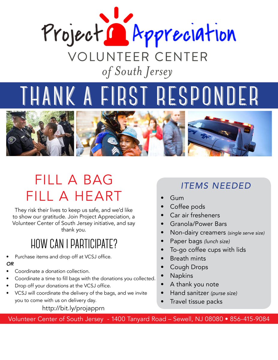 SJVolunteers's tweet photo. Join the VCSJ family by helping us with #projectappreciation. Project Appreciation allows the community to thank our first responders! https://t.co/ESlf9DY12p