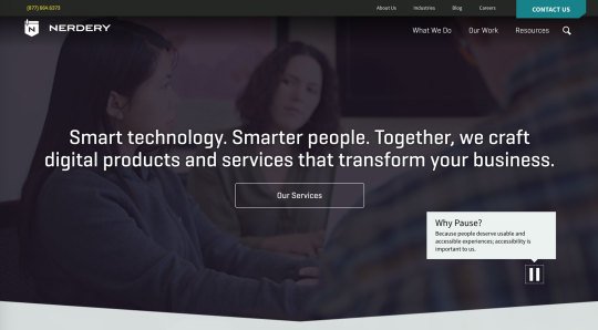 Nerdery's tweet image. Thanks to @marcysutton for featuring our website video pause button as an #accessibility win! bit.ly/2gIEMsC #a11y #a11ywins
