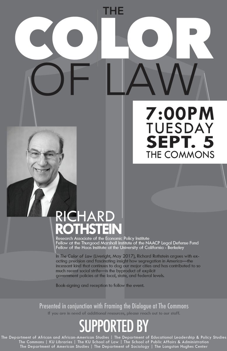 Great turnout for discussion of The Color of Law w/ author Richard Rothstein @TheCommonsKU