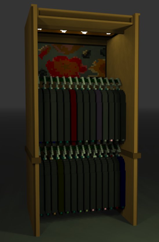 CodyVoxels's tweet photo. Check out the voxel models I made for our suit shop in the mall level and stay classy. 

#voxelart #magicavoxel #pixelart #gamedev #gameart https://t.co/k6kXidXouq