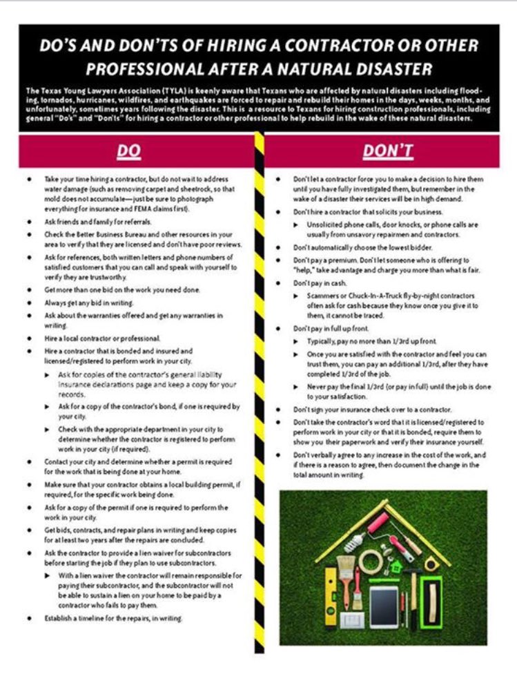 statebaroftexas's tweet photo. .@TexYoungLawyers has come out with a new guide on hiring a contractor after natural disasters like #Harvey: https://t.co/g3opD1mm1B https://t.co/bidUou0Kdm