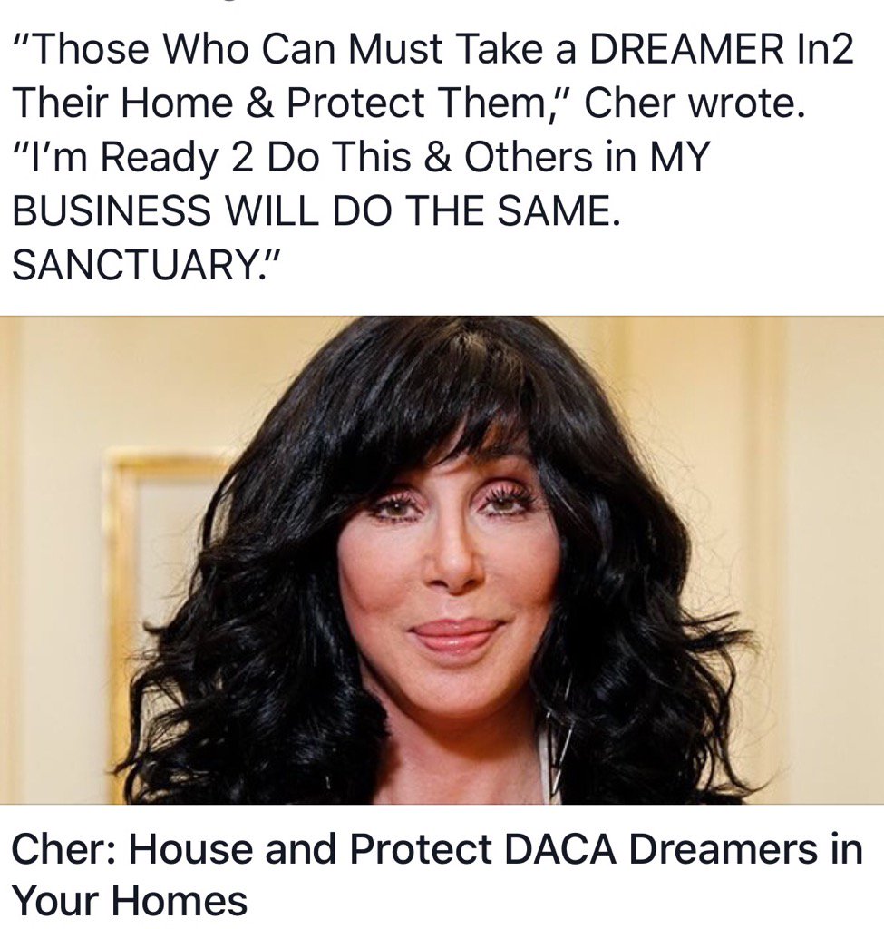 Hosanna71010988's tweet photo. Cher is at it again. Will she really do it!? I think we should all tweet her &amp; find out if she will do it. #banDACA https://t.co/IdAlwNnELv