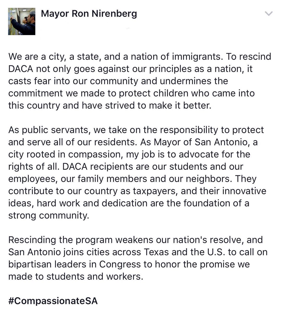 Ron_Nirenberg's tweet photo. We are a city, a state, and a nation of immigrants. To rescind DACA goes against our principles as a nation &amp; casts fear into our community. https://t.co/iySJLlCFZM
