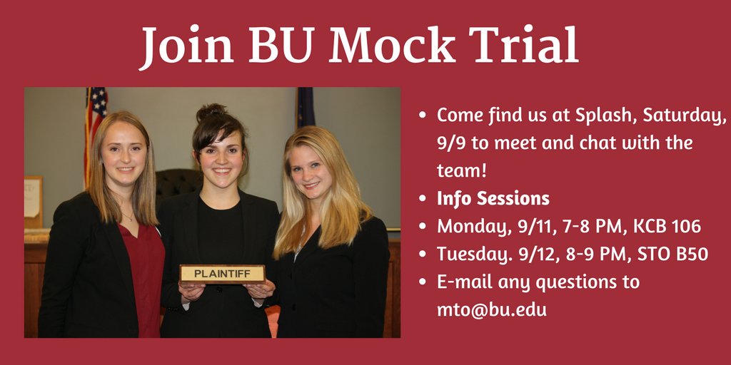 BUMockTrial's tweet photo. We are very excited to meet everyone at Splash this Saturday! Also, mark your calendars for info sessions! @saoBU https://t.co/3Cf3ULj4I3