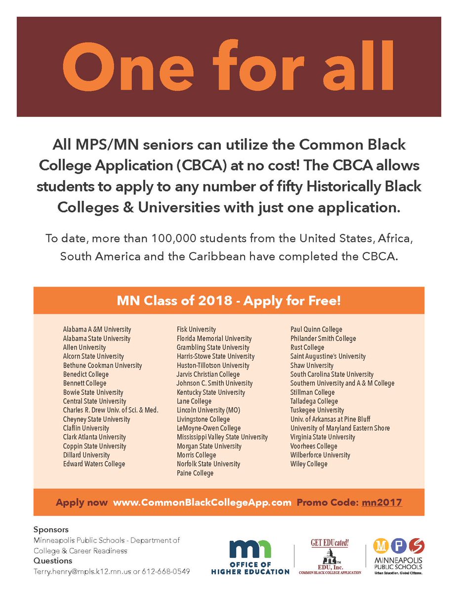 MPSCCR's tweet photo. Attention: Minnesota HS Seniors: Apply to 50 HBCU's with ONE application...for FREE. Thank you @MnOfficeHiEd for your partnership. https://t.co/nf7zxY55MS