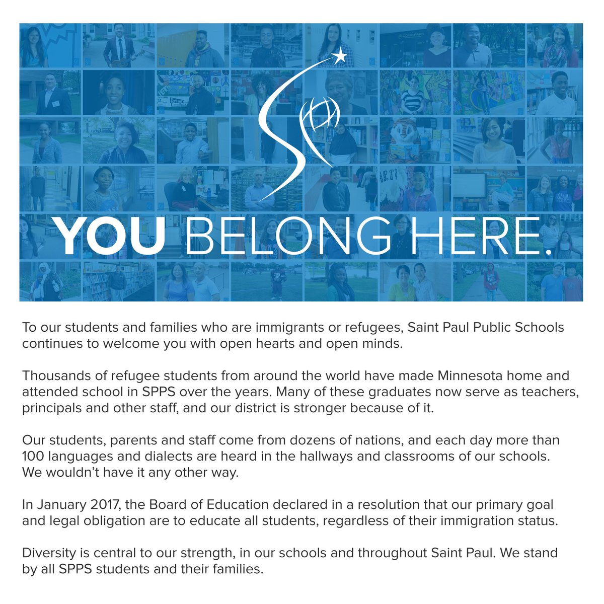 SPPS_News's tweet photo. To our students &amp; families who are immigrants/refugees, SPPS continues to welcome you with open hearts &amp; open minds. https://t.co/ybuhuEPxR2 https://t.co/7ozqvNtpyf