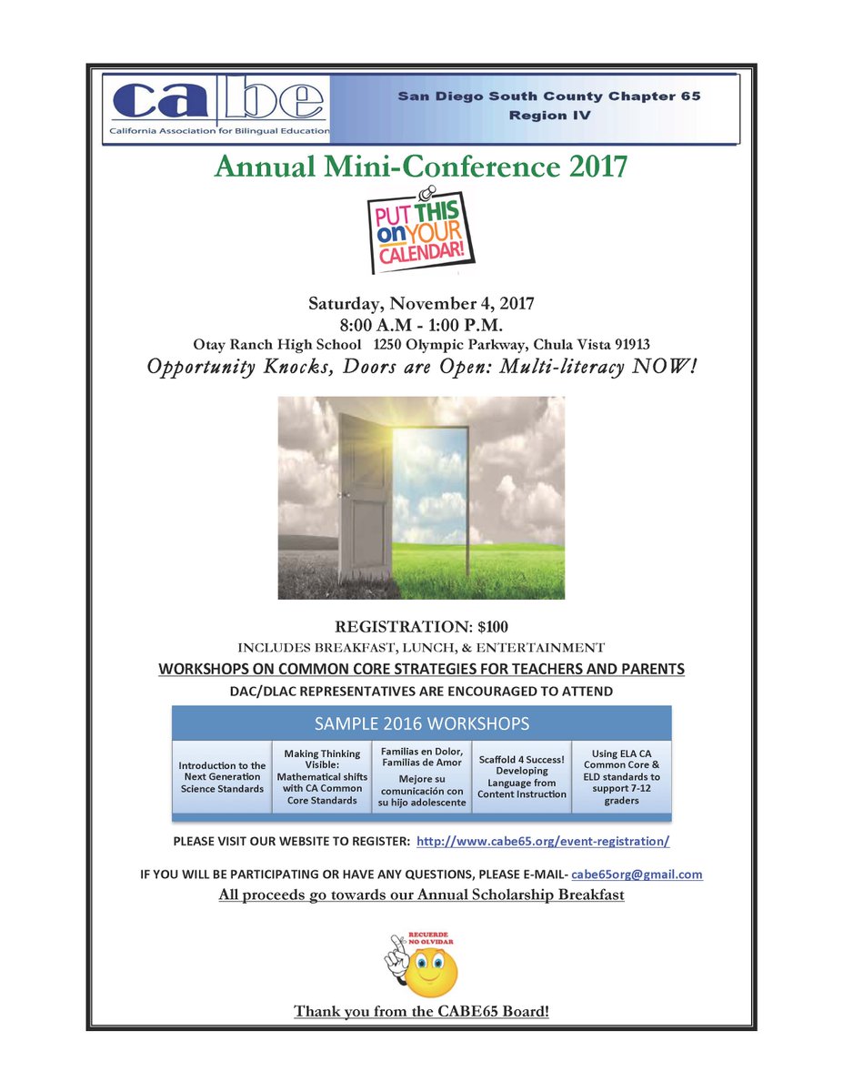 DLELnetwork's tweet photo. Saturday Nov 4, 8AM-1PM scholarship event: San Diego chapter CABE mini conference, Otay High School, Chula Vista CA https://t.co/WphCU3nF1o https://t.co/412jrf0exU