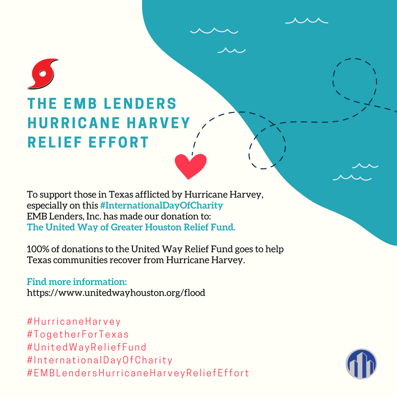 EMB_Lenders's tweet photo. This #InternationalDayofCharity the EMB Team has donated to The United Way of Greater Houston Relief Fund #HurricaneHarvey #TogetherForTexas https://t.co/dEQ3VT253l
