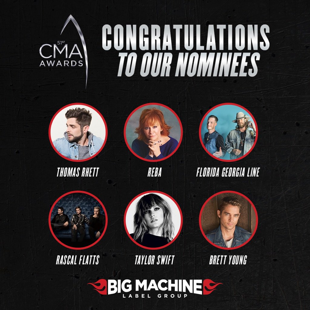 BigMachine's tweet photo. Congratulations to our #CMAawards nominees!👏🏻🎶 🙌🏻  @ThomasRhett @reba @FLAGALine @RascalFlatts @taylorswift13 @brettyoungmusic @CountryMusic https://t.co/XiJCTL0Y5Z