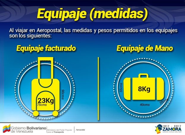 Uživatel Aeropostal Alas de Venezuela na Twitteru: „Conoce los pesos y  medidas de equipaje permitidos en nuestros vuelos nacionales.  #VolandoConAeropostal. https://t.co/H7EoGfTIGK“ / Twitter