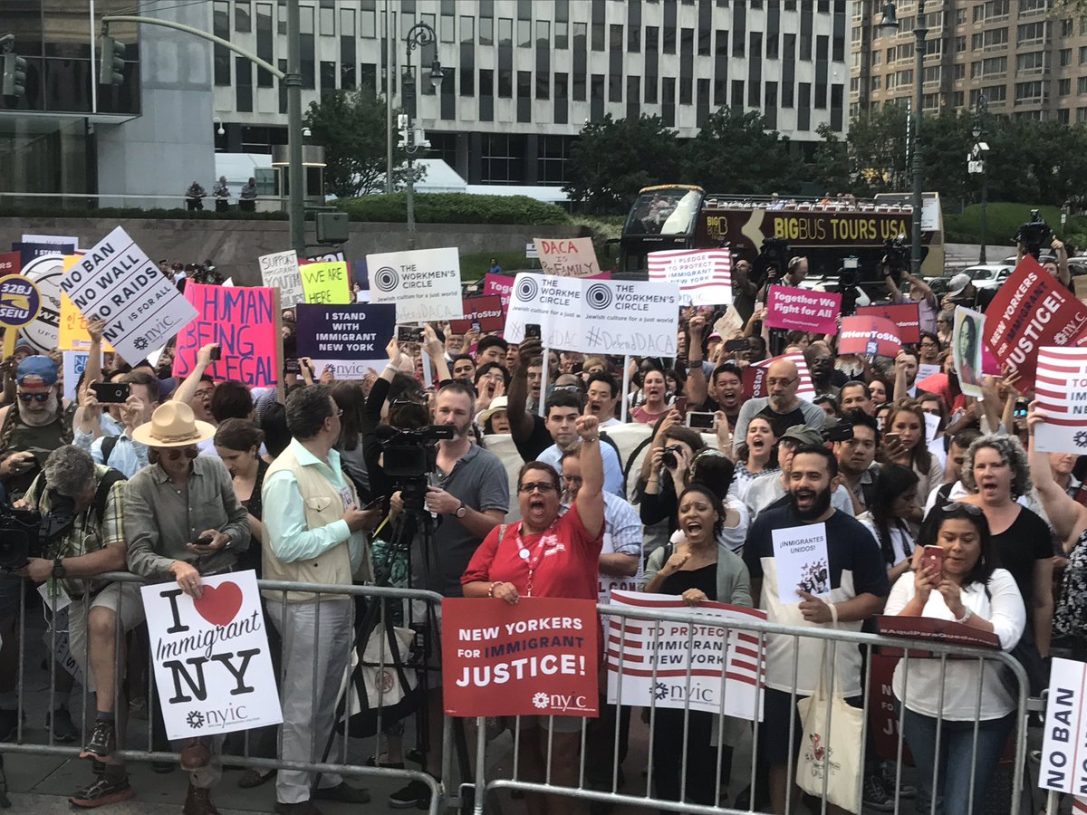 bradlander's tweet photo. From City Hall to the streets. Thousands of New Yorkers out in Foley Square to #DefendDACA. Thanks to @thenyic for leading us in this fight. https://t.co/Wgtl7Xfs9C