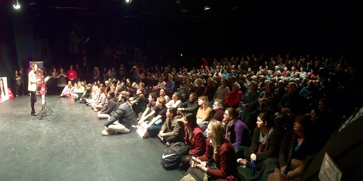 giaisonline's tweet photo. MASSIVE crowd for Grey Power speech with @jacindaardern - this theatre has a capacity of 400, many are sat on the floor #campaign17 https://t.co/CMNnbe05Fv