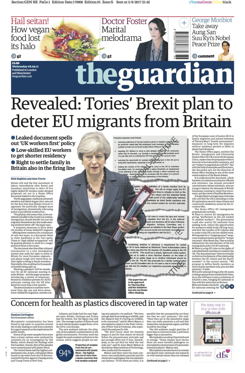 guardiannews's tweet photo. The Guardian front page, Wednesday 06.09.17 | Revealed: Tories’ Brexit plan to deter EU migrants from Britain https://t.co/24tkdZ6ppG