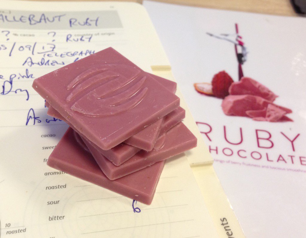 ccAndrewBaker's tweet photo. This is the #rubychocolate that everyone is on about. Taste is like white choc w/ berry fruits - but all from bean... https://t.co/NqGs90Lmda