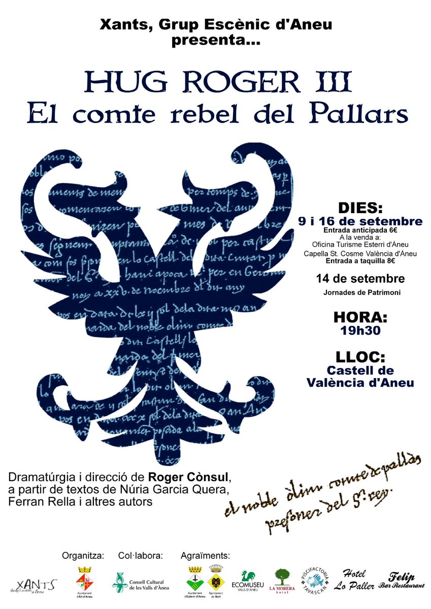 xants_aneu's tweet photo. 3 dies! #HugRogerIII
@BaldufaTeatre @PirineusTV
@ConsellCultural @altpirineuaran  @cultpopular_cat @PALLARSCULTURAL https://t.co/pspHCiwOgD