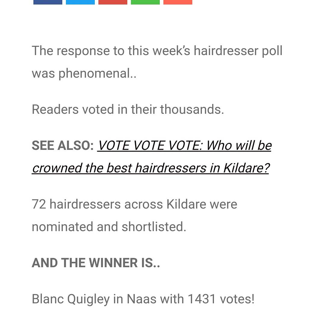 BlancQuigley's tweet photo. Thank you to all who voted for us in the @leinsleadernews poll for Top Hairdresser in Kildare #chuffed #poll #thankyou https://t.co/2utoMkgbbO