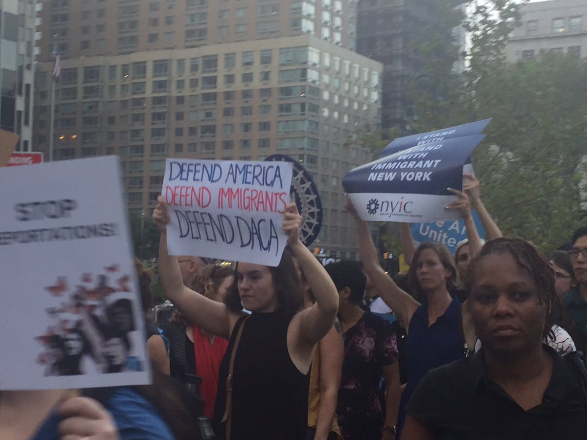 ACLU's tweet photo. Protesters in NYC say: No hate, no fear, immigrants are welcome here. #HereToStay https://t.co/bbWS7HhSmc
