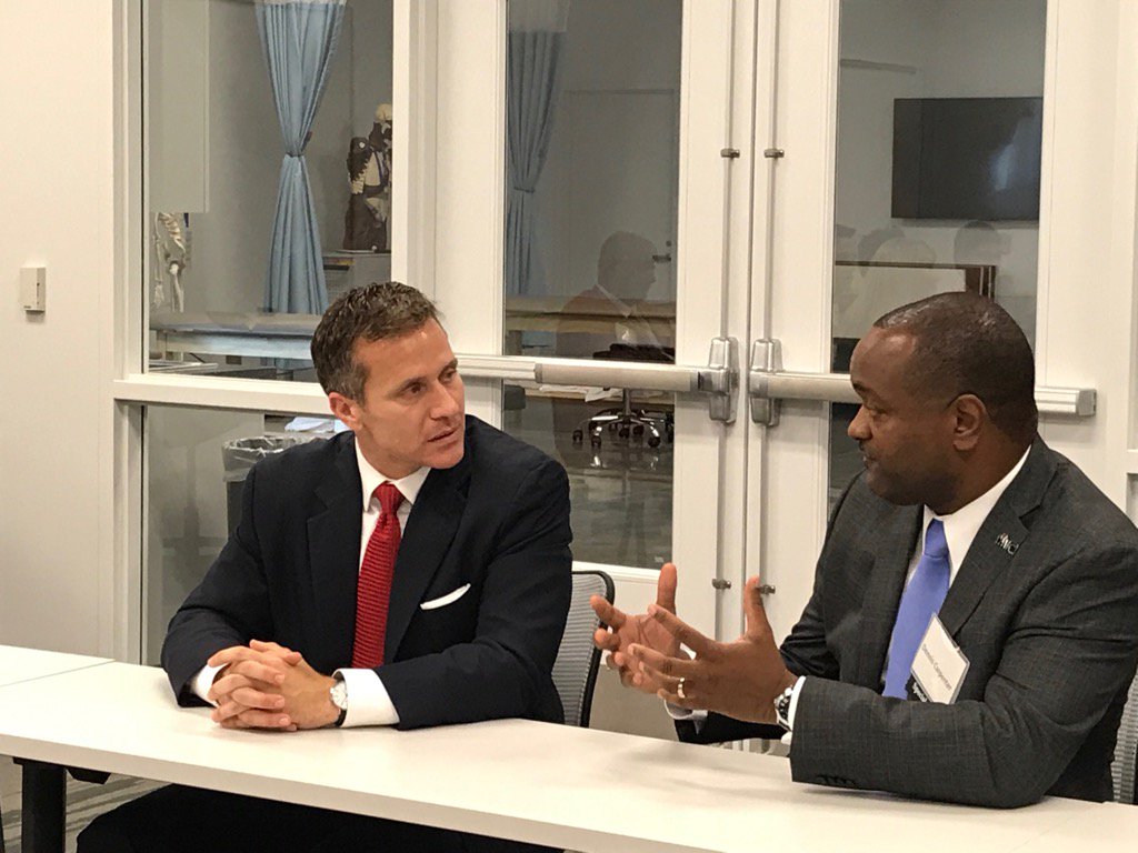 marawilliamskc's tweet photo. Mo. #GovGreitens chats with @LSR7 schools superintendent Dennis Carpenter at grand opening of Mo. Innovation Center https://t.co/Ytc08vehen