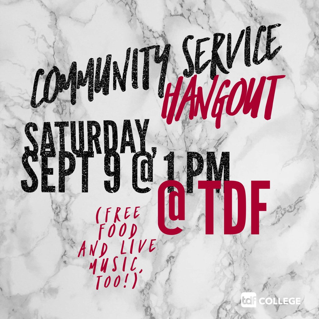 tdfcollege's tweet photo. Come serve with us this Saturday! We'll meet at TDF at 1 and go serve others! Free food and music afterward! https://t.co/ethanMK3xc
