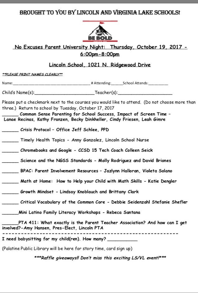 LSLions18's tweet photo. Lincoln-Virginia Lake NEU Parent U reservation forms ready! Choose up to
3 sessions and return to LS/VL offices. #D15 ๐๐ฆ๐ฌ#CCSD15 #NEUNation https://t.co/sEnCZaw52z