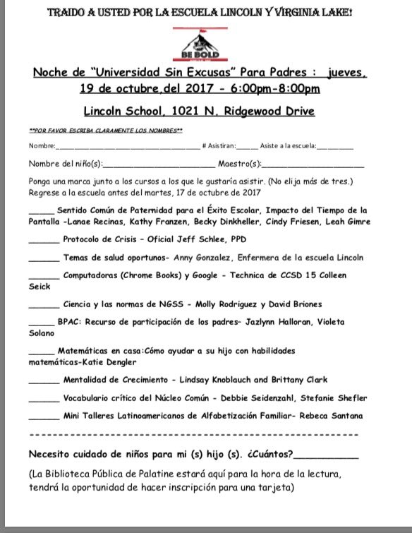 LSLions18's tweet photo. Lincoln-Virginia Lake NEU Parent U reservation forms ready! Choose up to
3 sessions and return to LS/VL offices. #D15 ๐๐ฆ๐ฌ#CCSD15 #NEUNation https://t.co/sEnCZaw52z