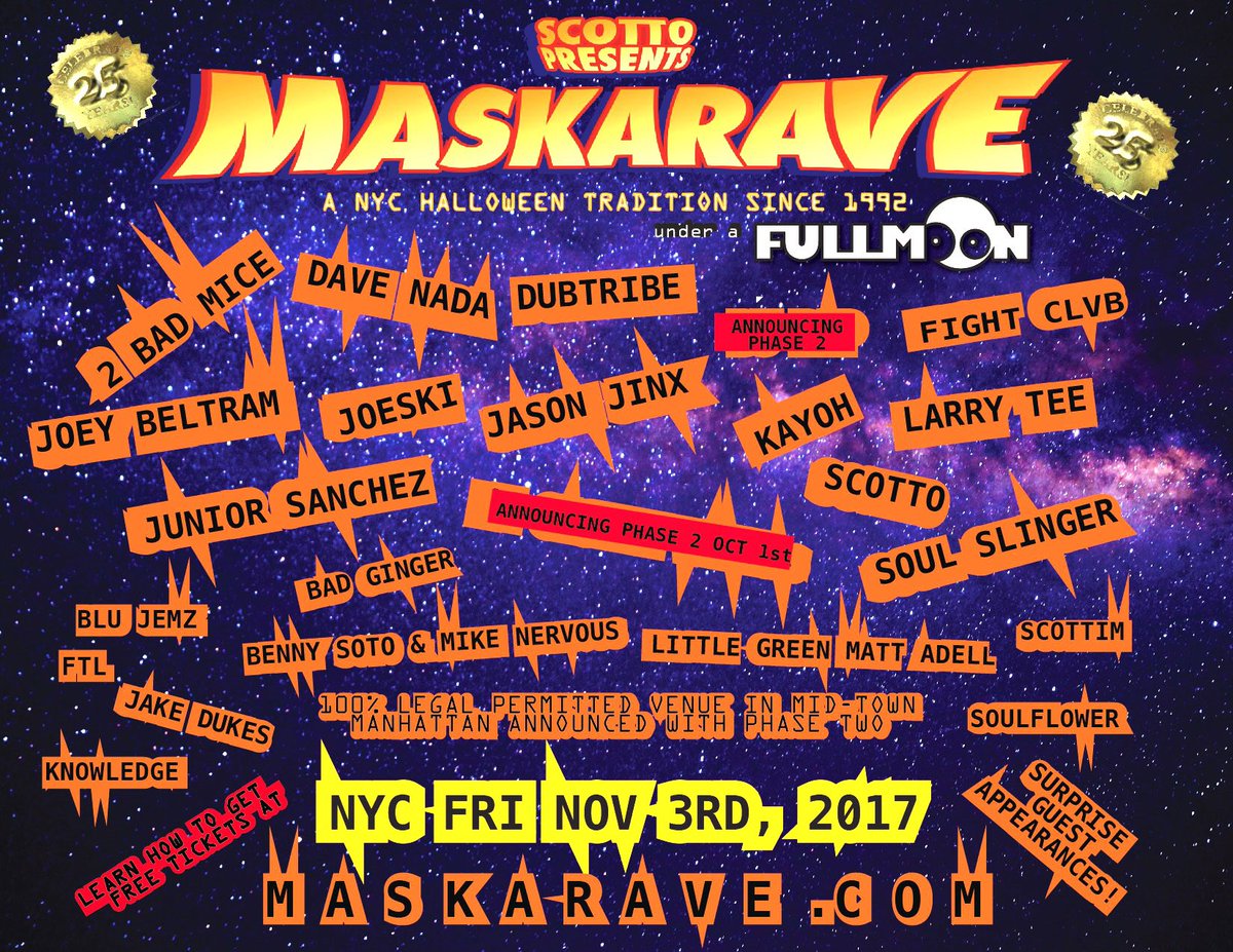 maskarave's tweet photo. Maskarave 25th PHASE 1 lineup is STACKED! FRI. NOV 3 NYC. Get a FREE ticket w/ any NASA merch on sale (see details) https://t.co/hGrO7MIwg3 https://t.co/QOWBA82GZU