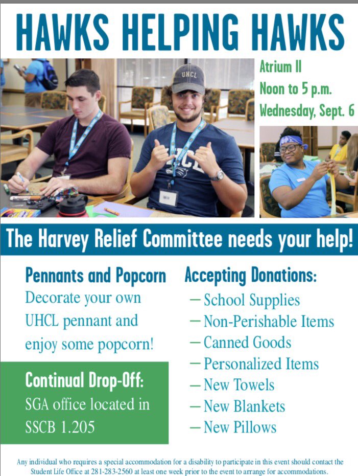 Join us tomorrow as we come together to collect donations to help those affected by Hurricane Harvey. #UHCL #UHCLStrong
