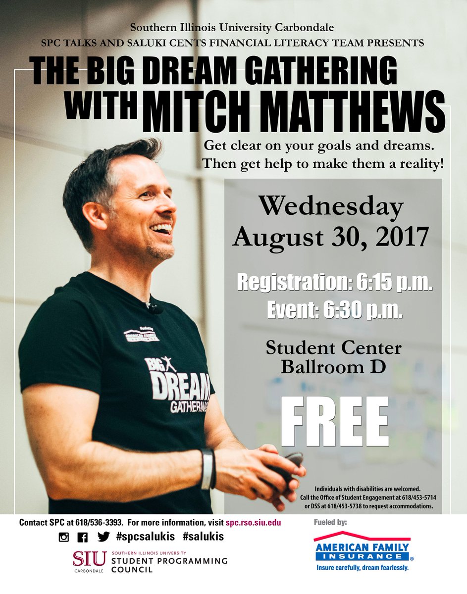 SIUfinaid's tweet photo. @SIUC @SIUAlumni @bdgdreambig Don't miss the Big Dream Gathering tomorrow, Wednesday, August 30! https://t.co/TxkAiYI2M1