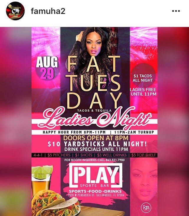 FAMUHA2's tweet photo. #TacoTuesday on a ✌🏾sDay ‼️ ITS LIT! ITS GOING UP TONIGHT AT #PLAYsportsBar 🌮✨🍾🏈 Come celebrate with you Favorite Dance Squad! 😛🎂 #FAMU #FSU https://t.co/0BXQnR7fSR