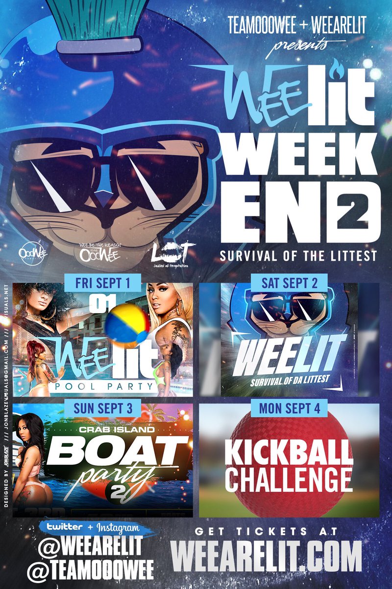 WeeBeTheReason's tweet photo. @Homee_Twatching @CptnFloyd @youngjerzz850 @MacDinero @Datdudefresh19 @NikkoSuavAYE @halfrican_boo @Keepcalm_loveke THIS FRIDAY "WEE" KICKING OFF #WEELITWEEKEND SEPTEMBER 1ST - 4TH
TELL A FRIEND TO TELL A FRIEND!!! https://t.co/VLMh4sCOi9 https://t.co/RMYvVhtE90